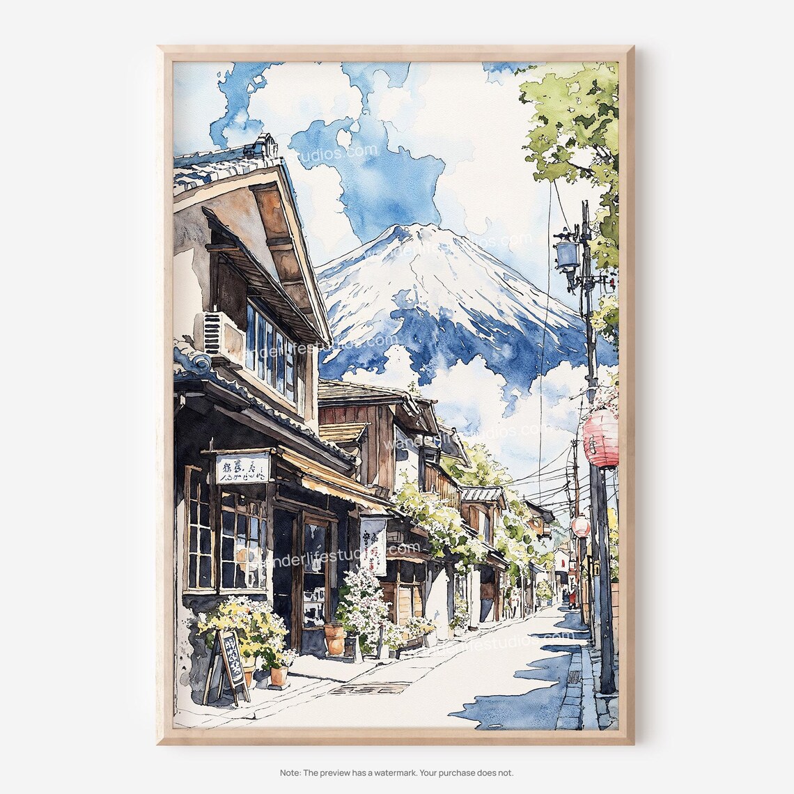 Mount Fuji Japan Village Street Snow Capped Watercolor Poster
