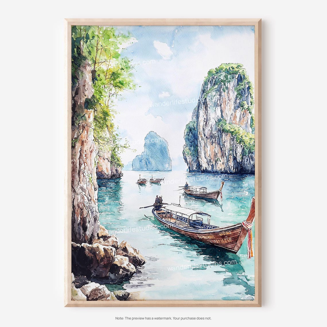 Phuket Thailand Longtail Boats Limestone Cliffs Watercolor Poster