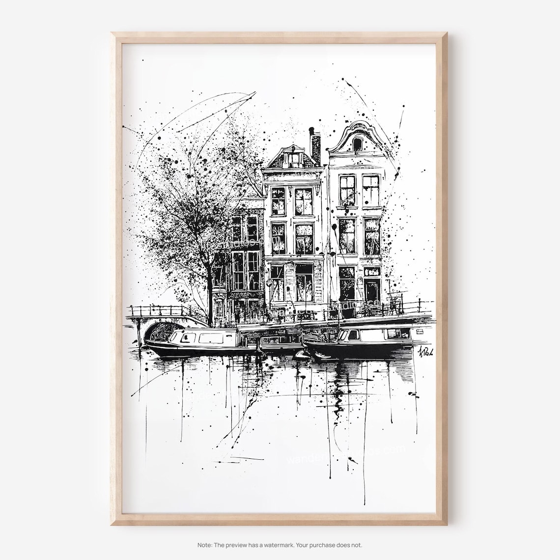 Amsterdam Canal Houses Black White Ink Sketch City Art Poster