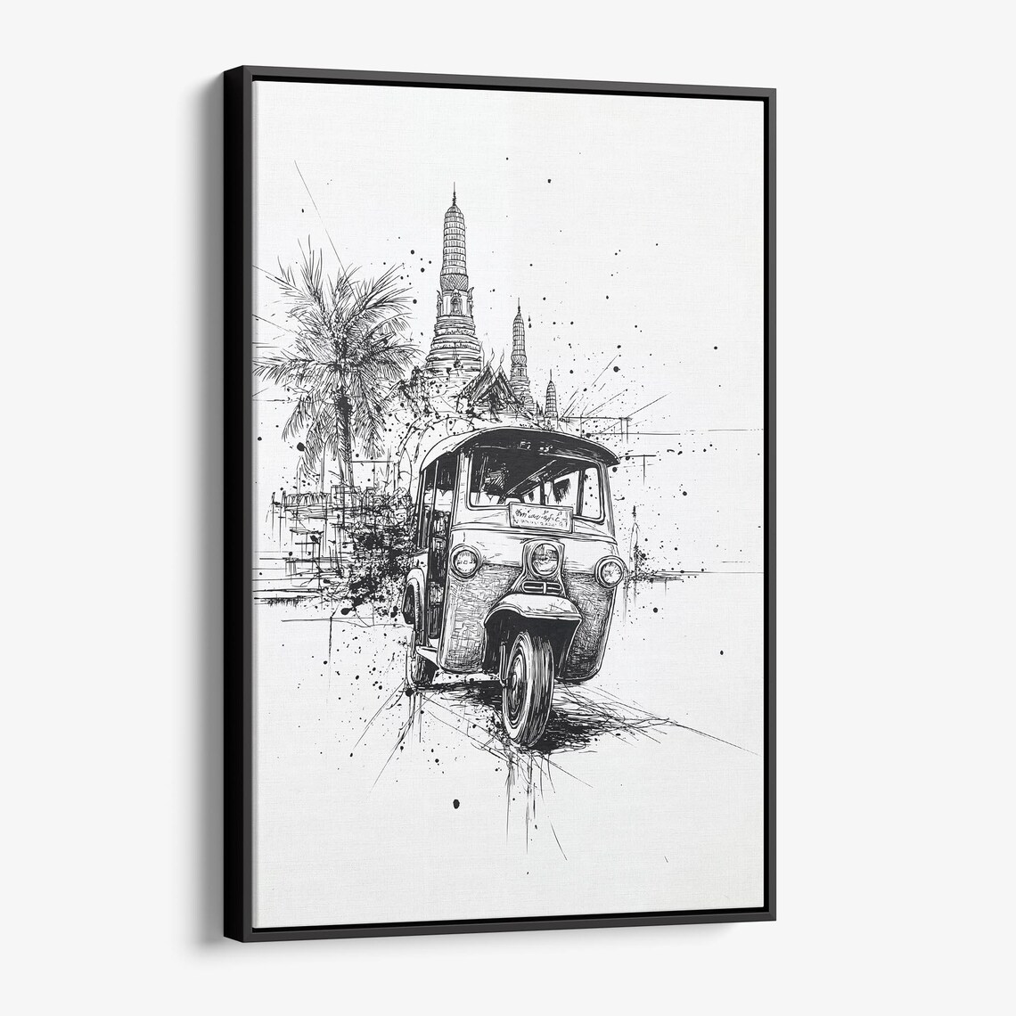 Tuk Tuk And Temple Spires Black Ink Urban Sketch Travel Art Poster