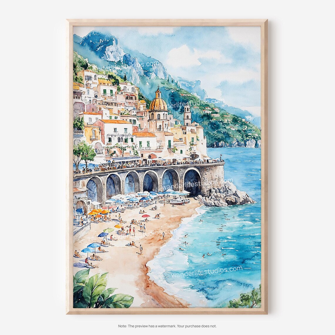 Atrani Italy Watercolor with Amalfi Coast Beach and Church Poster