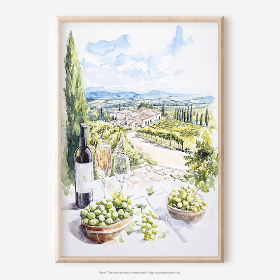 Napa Valley Vineyard Watercolor Wine Bottle Grapes Tuscan Villa Art Print