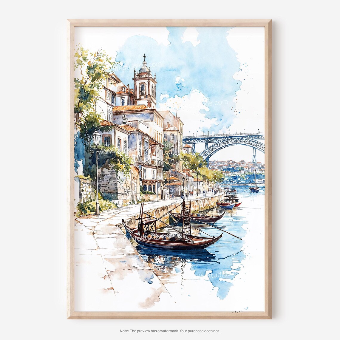 Porto Douro River Rabelo Boats Old Town Bridge Watercolor Poster