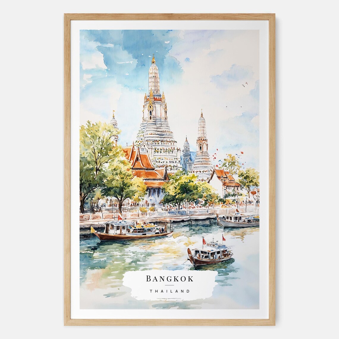 Bangkok Wat Arun Temple River Boats Thailand Watercolor Poster