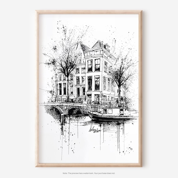 Amsterdam Wall Art Pencil Drawing Of Iconic Cityscape