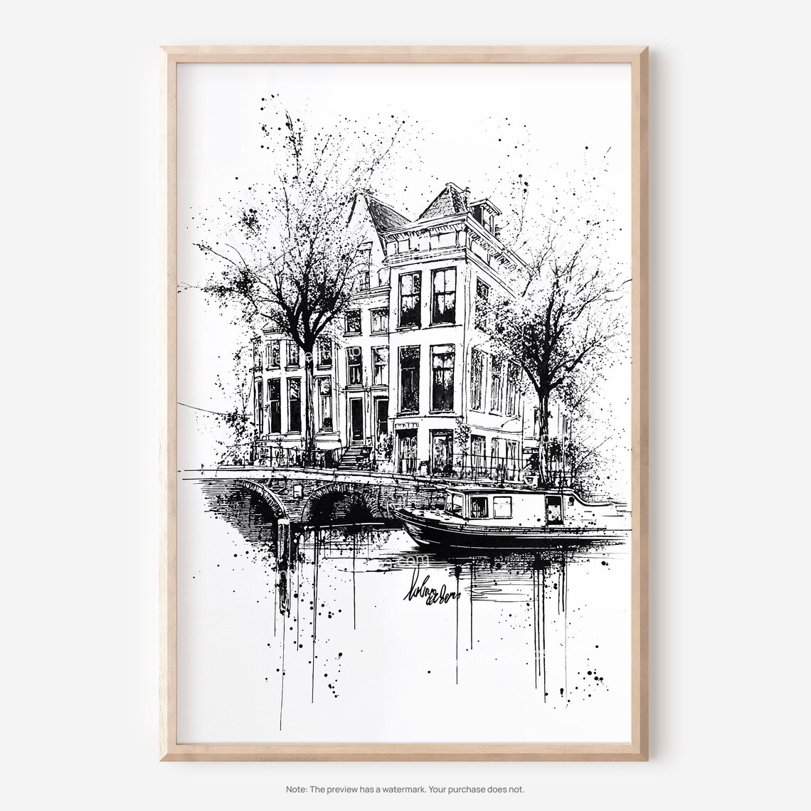 Amsterdam Canal House Ink Sketch Poster With Houseboat And Bridge