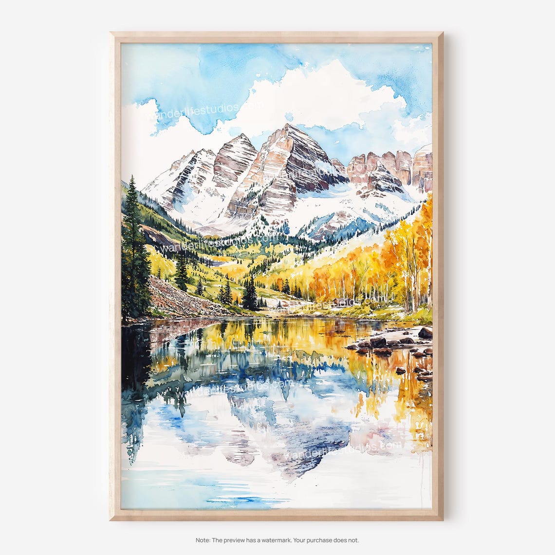 Maroon Bells Snow Capped Peaks Autumn Lake Watercolor Poster