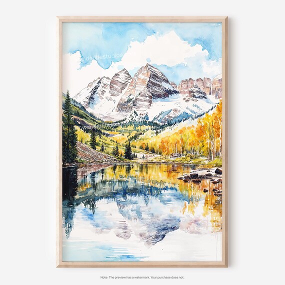 Maroon Bells Snow Capped Peaks Autumn Lake Watercolor Poster