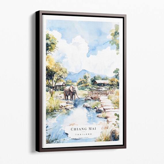 Chiang Mai Elephant Canvas Art Print Watercolor Thai Landscape Wall Decor