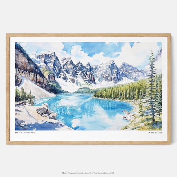 Banff National Park Turquoise Lake Mountain Watercolor Art Poster