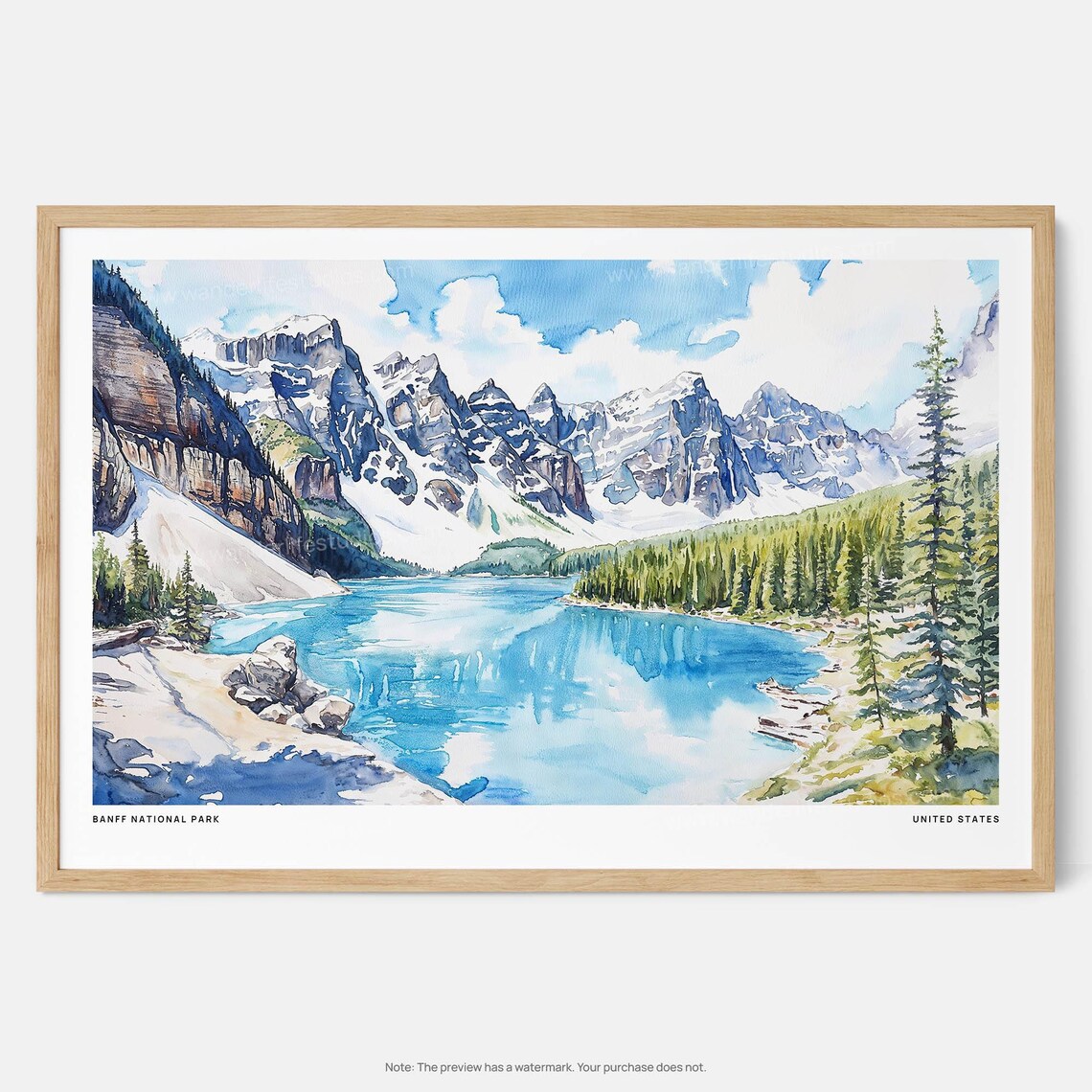 Banff National Park Turquoise Lake Mountain Watercolor Art Poster