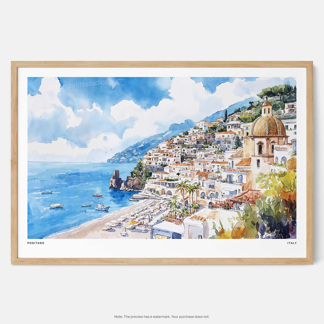 Positano Italy Cliffside Village Watercolor Coastal Travel Poster