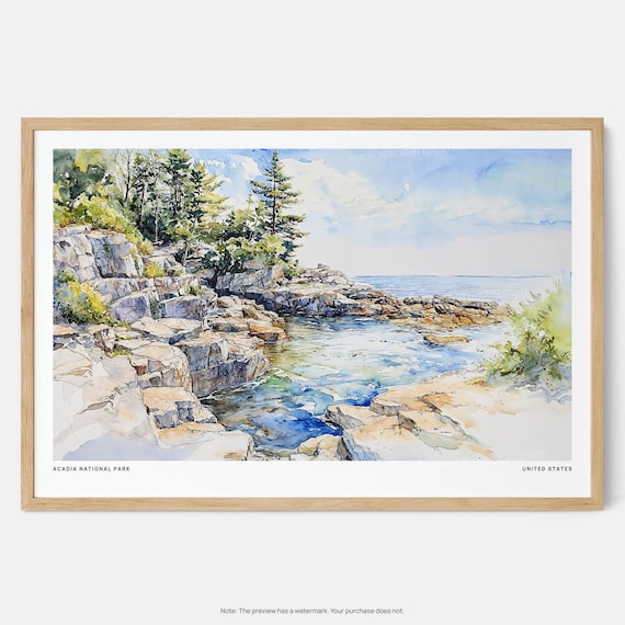 Acadia National Park Watercolor Rocky Coastal Landscape Poster