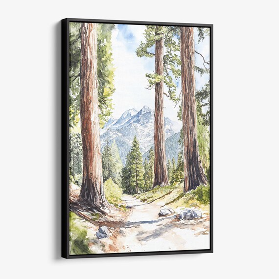 Tall Pine Forest Trail Watercolor Mountain View Nature Poster