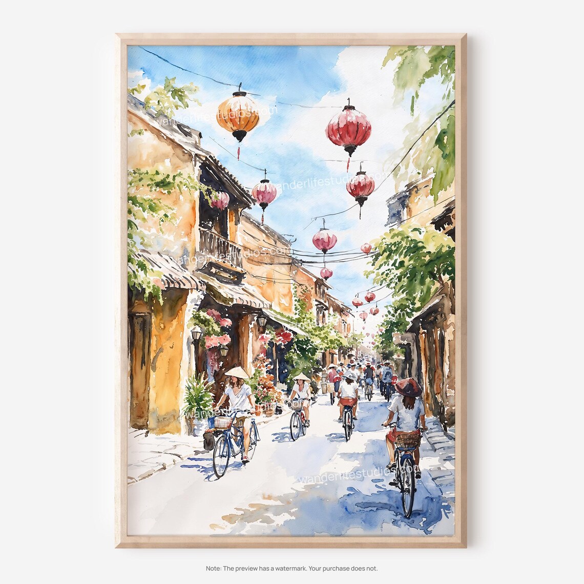 Hoi An Street Scene Watercolor Art Print, Vietnam