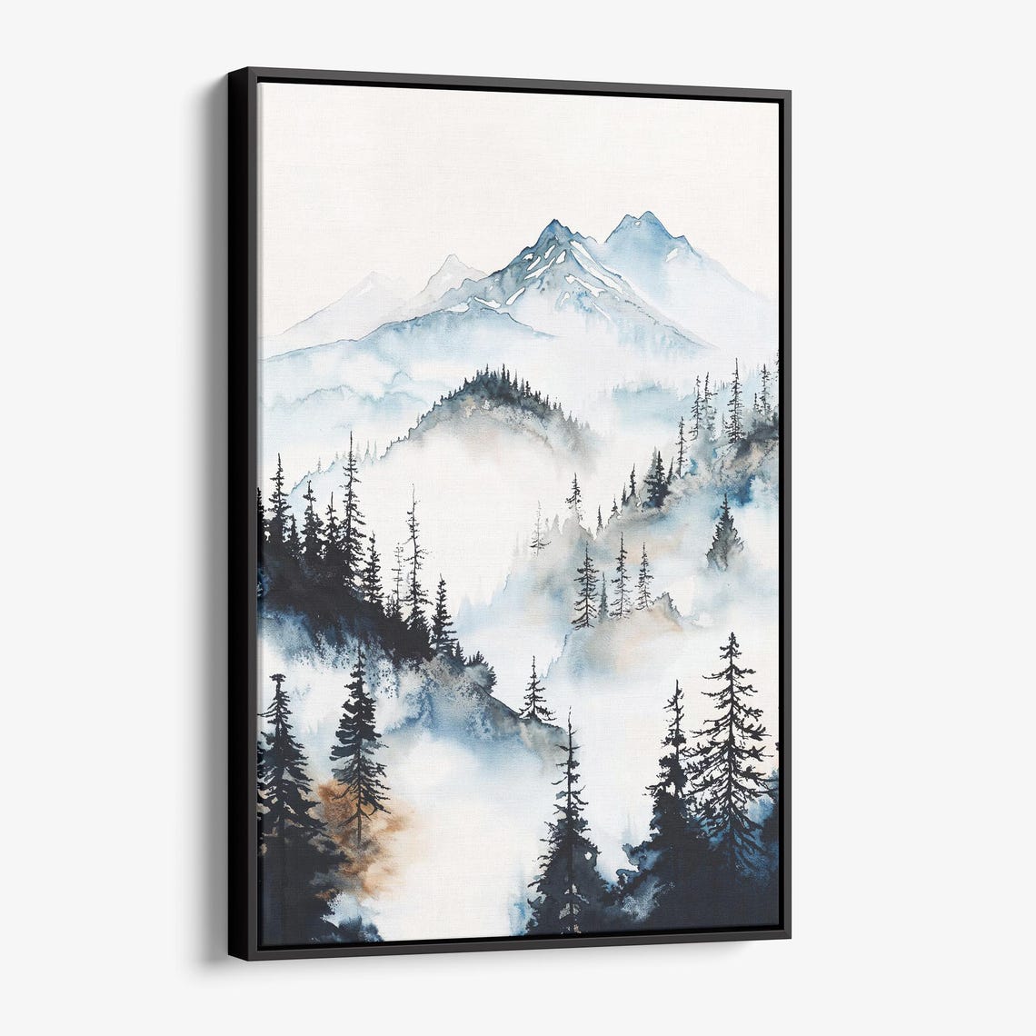 Misty Mountain Peaks Watercolor Pine Forest Fog Landscape Poster