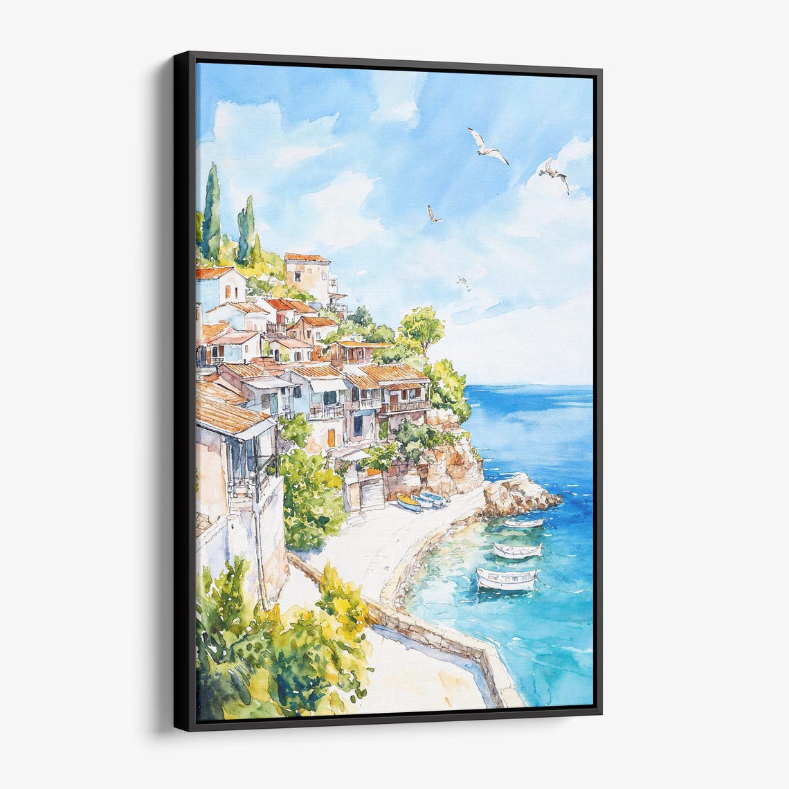 Mediterranean Coastal Village Watercolor Seaside Travel Poster