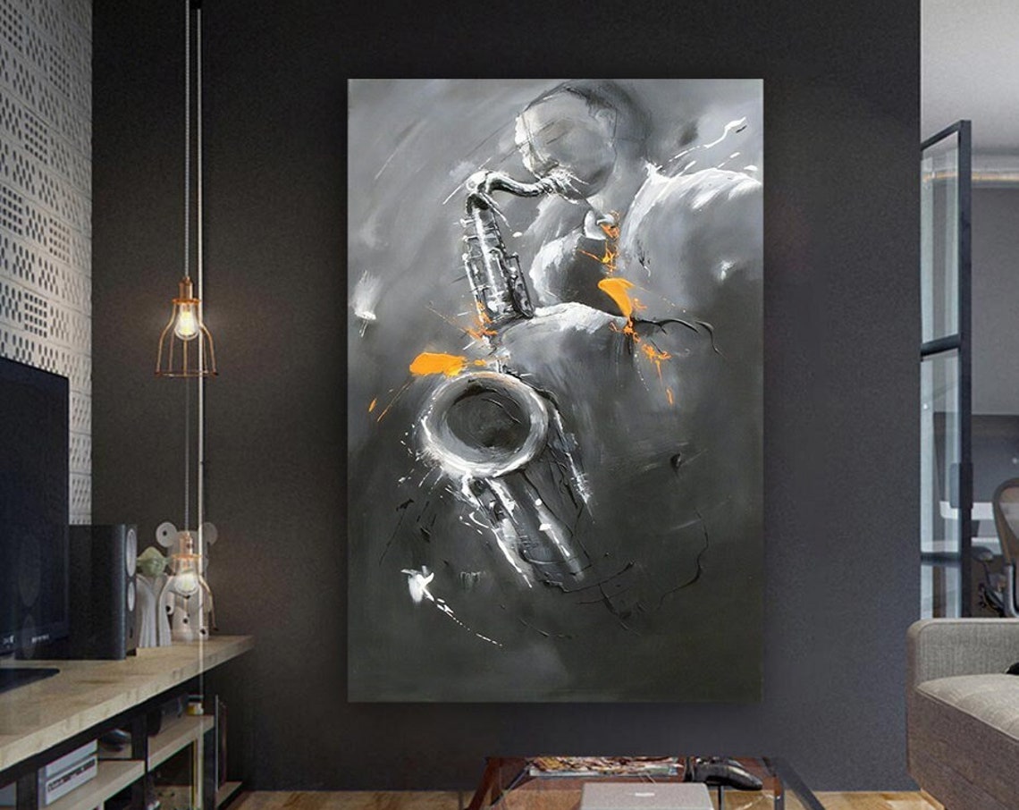 Black White Jazz Saxophonist Orange Accent Music Painting Poster