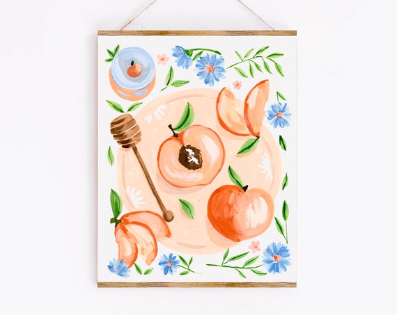 Peaches and Honey Art Print, Fruit and Flowers