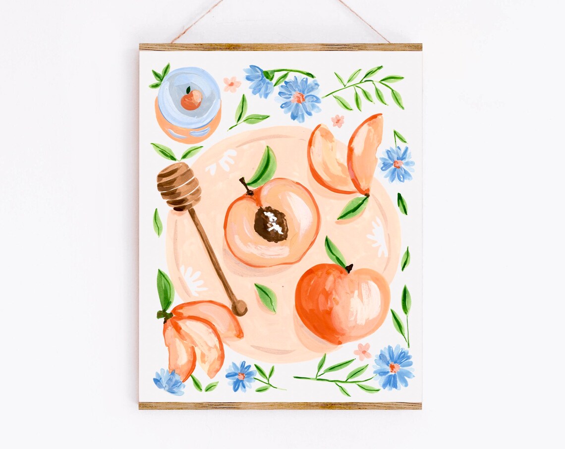 Peaches and Honey Art Print, Fruit and Flowers