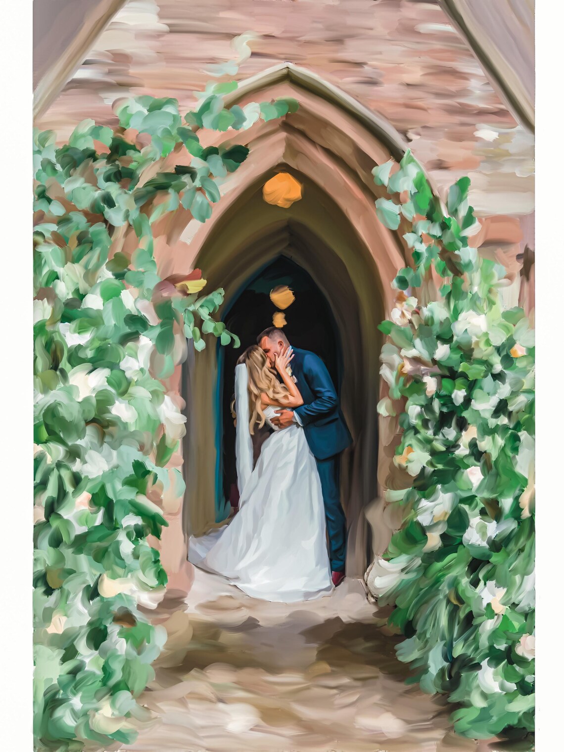 Newlyweds Kissing in Ivy Covered Stone Church Doorway Artwork Poster