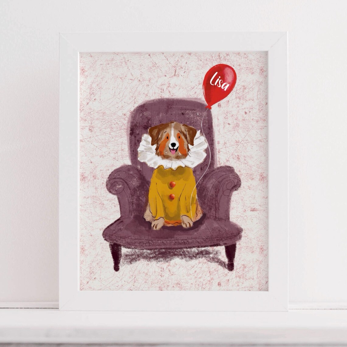 Playful Dog in Clown Costume Holding Lisa Balloon Watercolor Wall Art