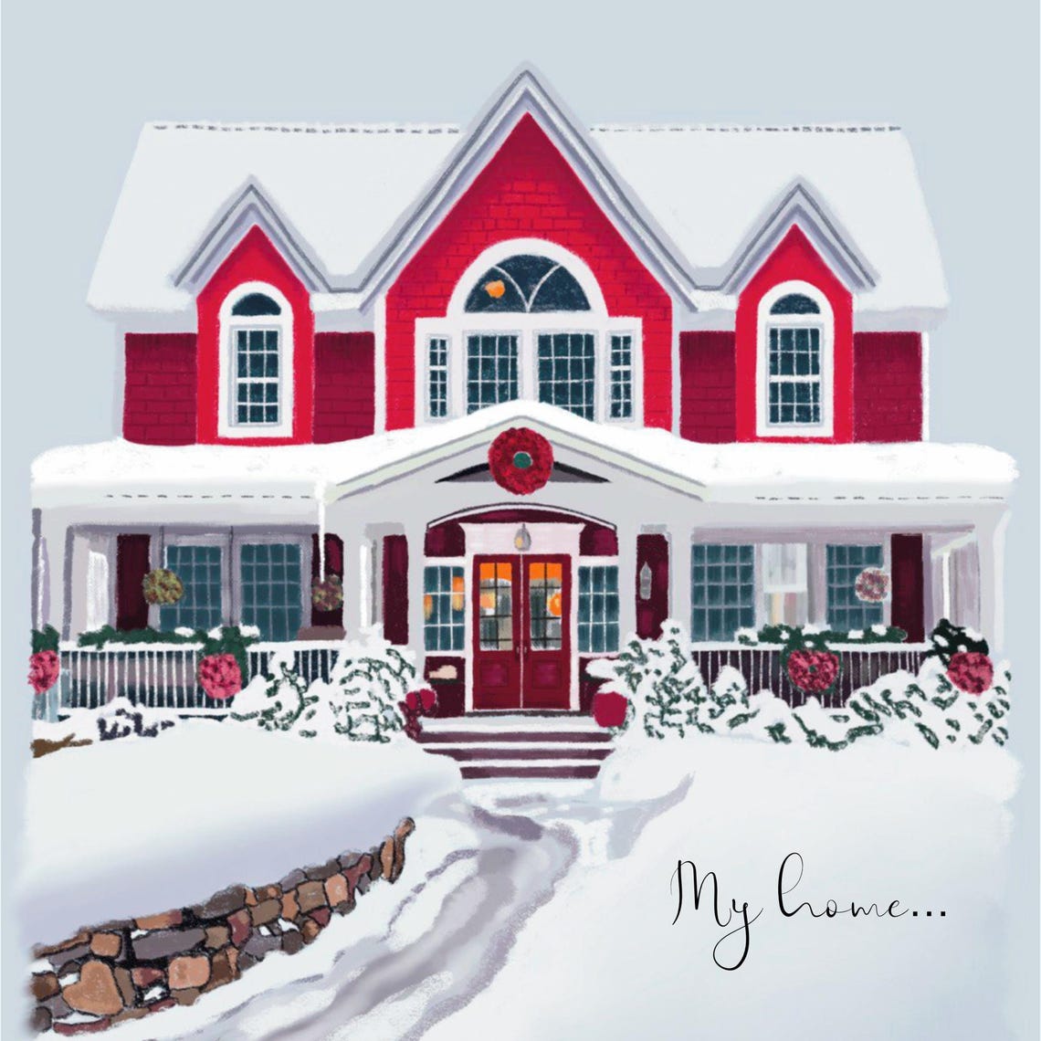 Framed Red Snow House My Home Watercolor Displayed Above Sofa Poster - Image 5