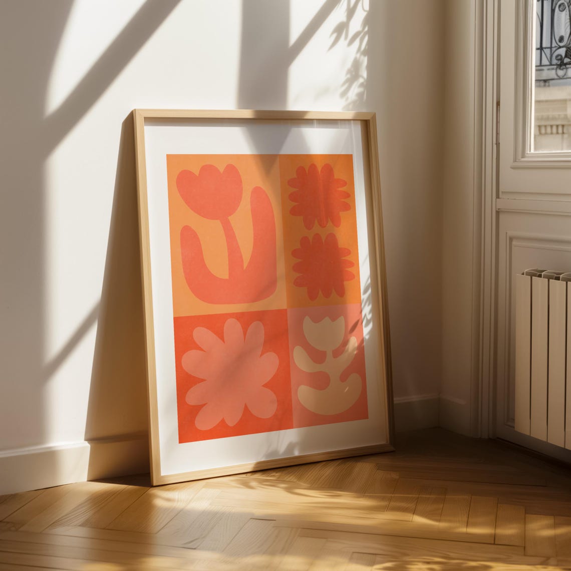 Orange Red Flower Grid Four Panel Maximalist Botanical Art Poster - Image 3