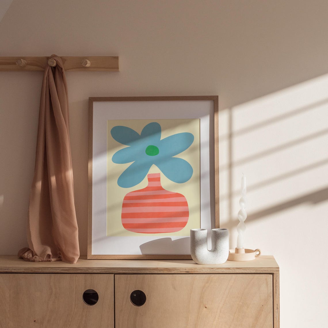 Blue Daisy In Orange Striped Vase Maximalist Colorful Art Poster - Image 5