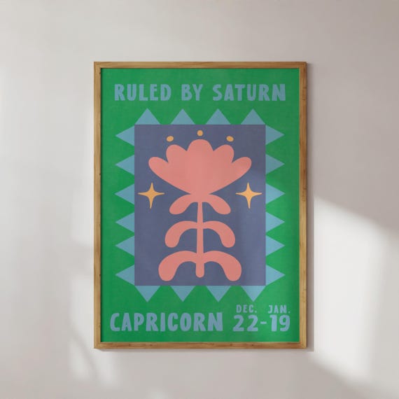 Capricorn Flower Poster Astrology Retro Wall Art Colorful Maximalist Zodiac Sign Saturn Print Pink Green Blue Home Decor