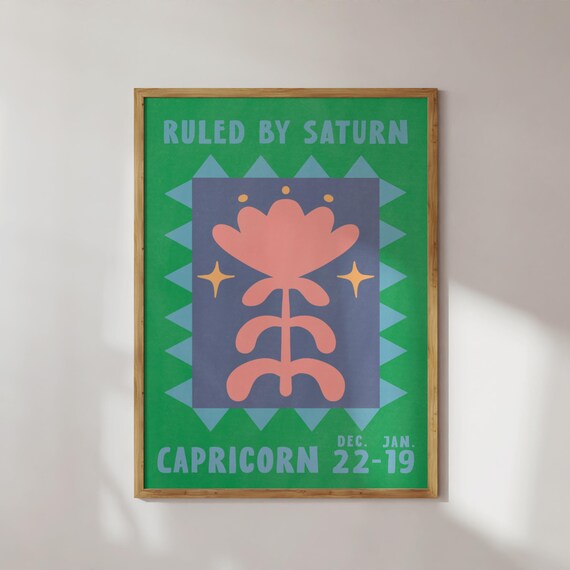 Capricorn Zodiac Flower Poster Ruled By Saturn Retro Astrology Print