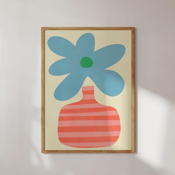 Bold Pop Of Color Flower Print 20x30 12x18 16x24 11x14 Blue Striped Vase Home Decor Maximalist Wall Kids Room Art Bright Kitchen