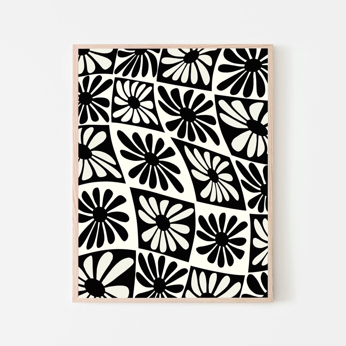 Retro Black White Daisy Flower Checkered Wavy Pattern Art Poster - Image 2