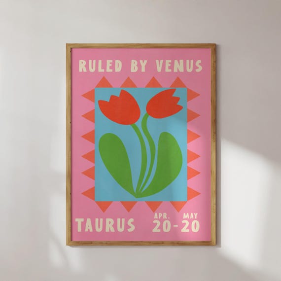 Taurus Flower Poster Astrology Retro Wall Art Colorful Maximalist Zodiac Sign Print Blue Pink Tulips Art Gift Sun Sign Home Decor