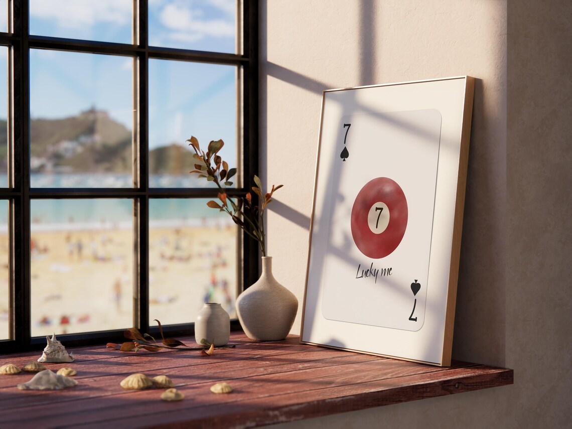 Playful Lucky 7 Red Pool Ball Seven Of Spades Card Game Decor Print - Image 2
