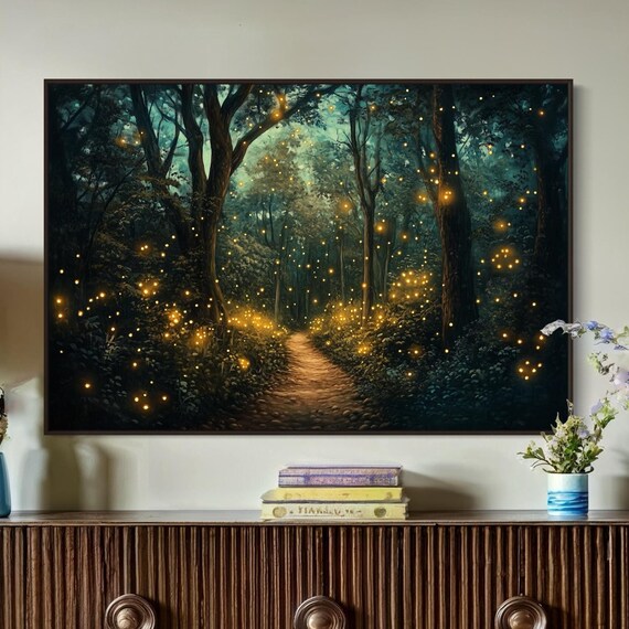 Twilight Forest Wall Art Enchanted Forest Path Print Glowing Fireflies Mystical Art For Living Room Or Above Bed Decor