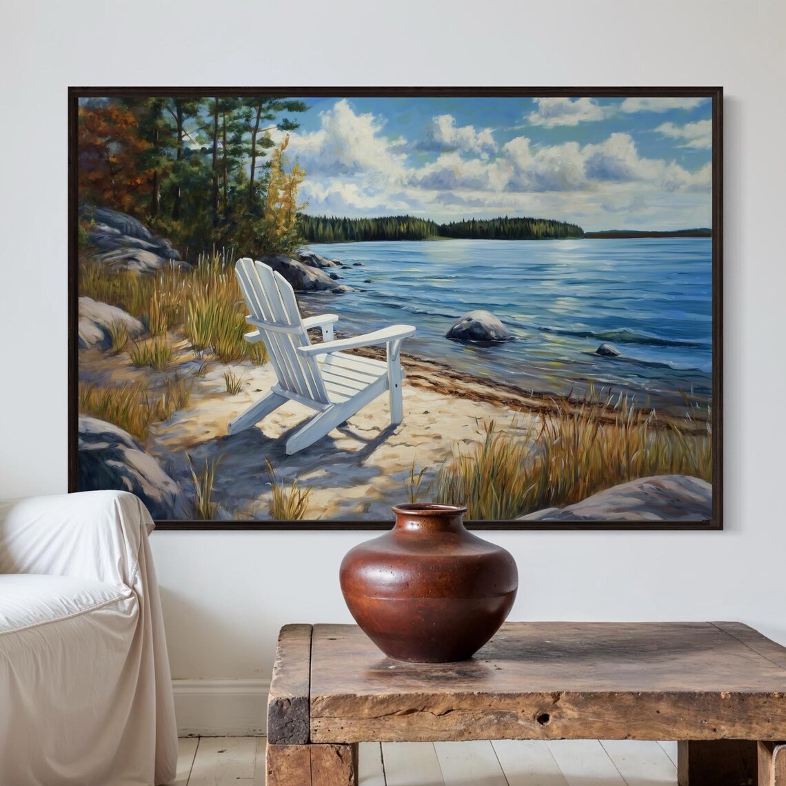 Lakefront Adirondack Chair Art Print, Coastal Landscape
