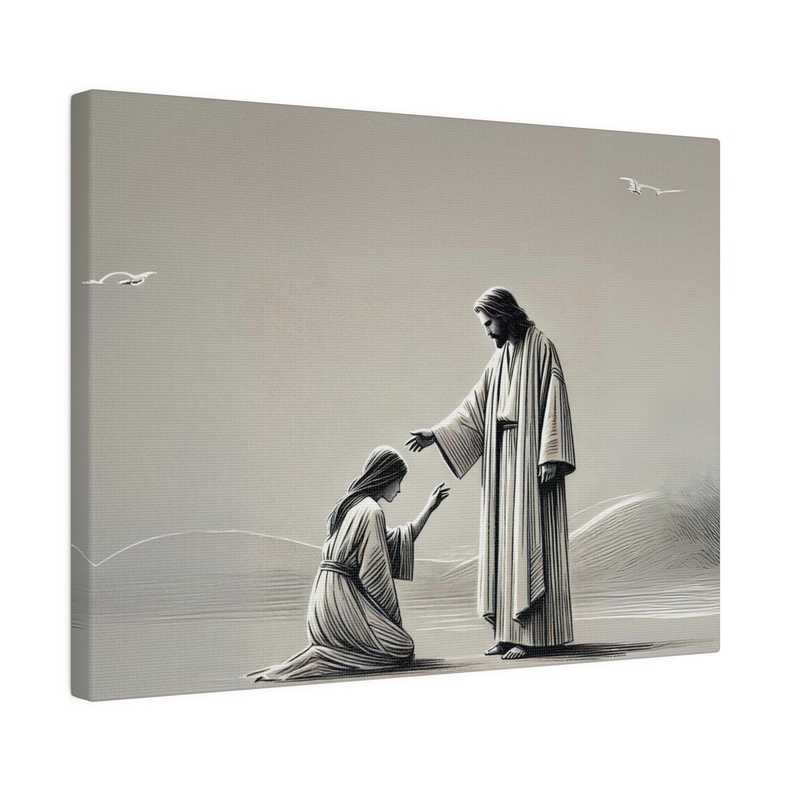 Jesus Healing The Sick Woman Monochrome Bible Story Art Poster