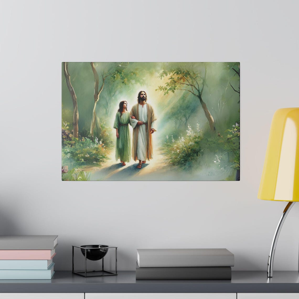 Jesus Walking With Woman Sunlit Forest Path Christian Poster - Image 2