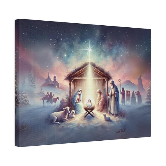 Snowy Holy Nativity Scene With Baby Jesus Christmas Night Poster