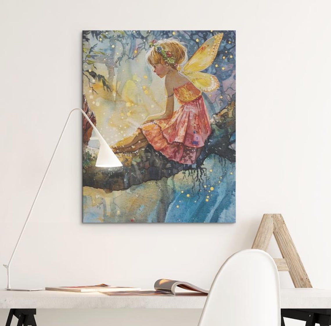 Fairy Sitting on Branch Over Water Golden Wings Watercolor Poster