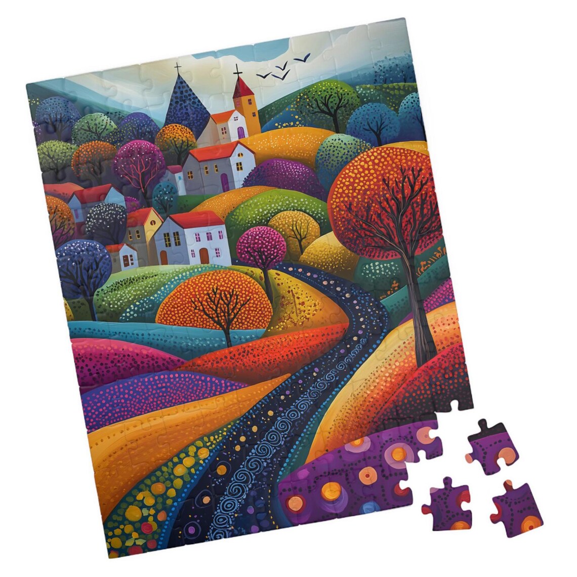 Colorful Naive Village with Church Among Rolling Hills Art Print