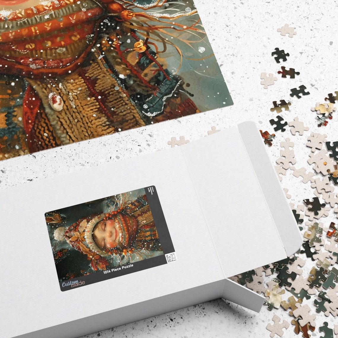Smiling Girl in Festive Winter Hat and Scarf in Falling Snow Poster - Image 2