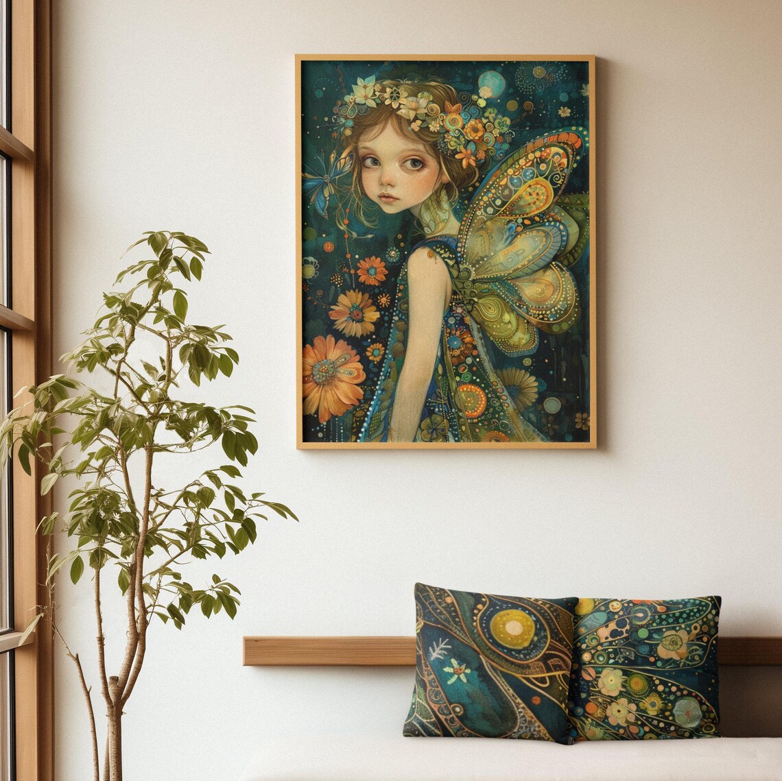 Night Fairy With Golden Peacock Wings And Flower Crown Dark Art Poster - Image 2