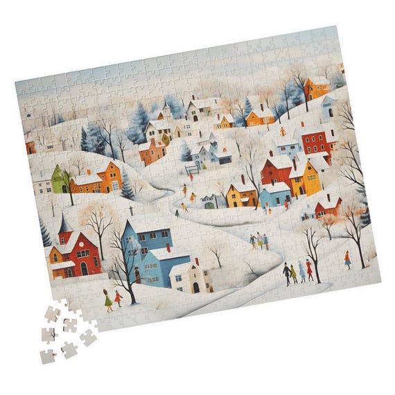 Wintertime Town Contemporary Folk Art Jigsaw Puzzle Fun For One Or A Group Fun Family Activity Great Gift For Hospital Patients
