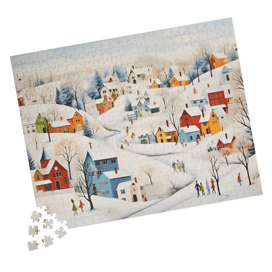 Snowy Winter Village Colorful Houses Holiday Jigsaw Puzzle Print