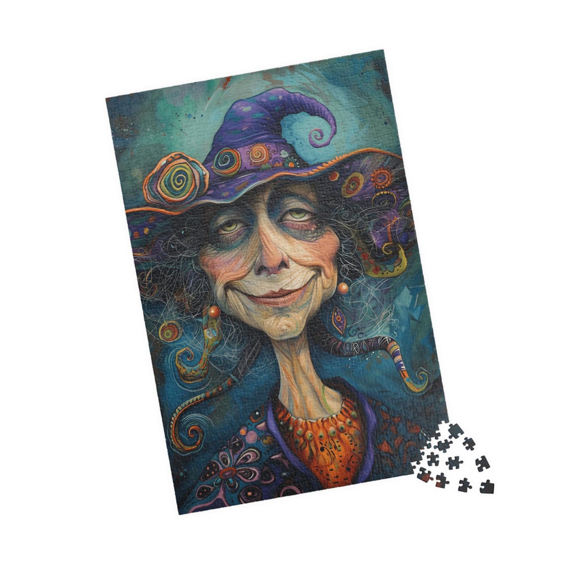 Whimsical Smiling Witch Portrait Colorful Jigsaw Puzzle Print - Image 4