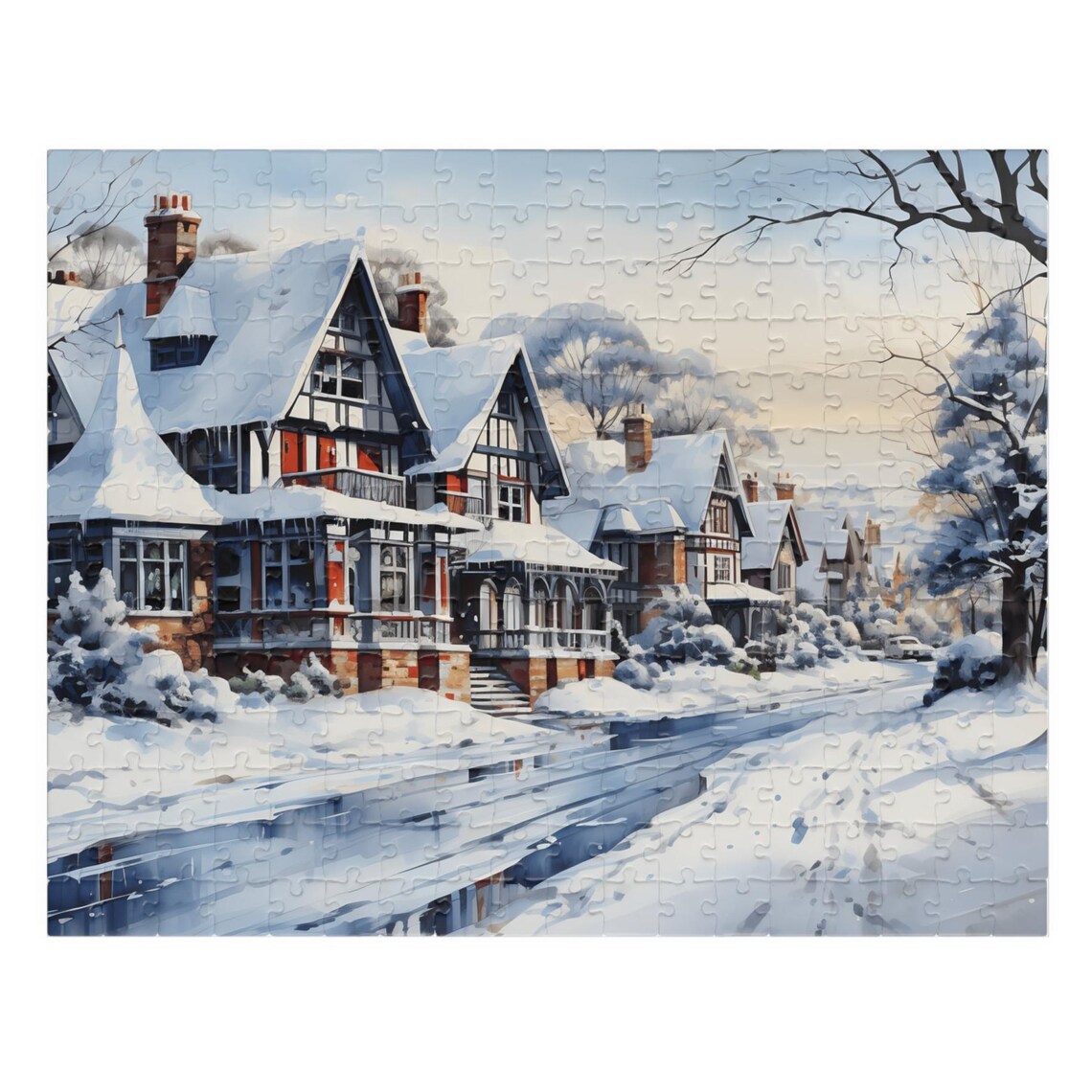 Snowy Victorian Street with Snow Covered Houses Winter Poster
