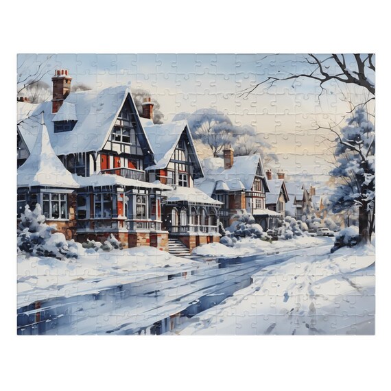 Snowy Victorian Street with Snow Covered Houses Winter Poster