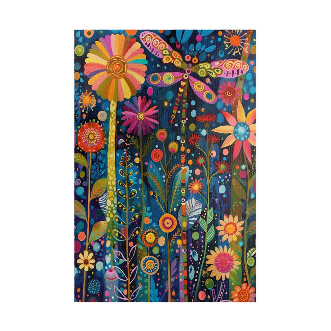 Dragonfly Summer Garden Whimsical Folk Art Colorful Floral Poster - Image 3